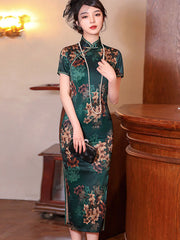 Green Floral Mothers Mid Qi Pao Cheongsam Qipao Dress