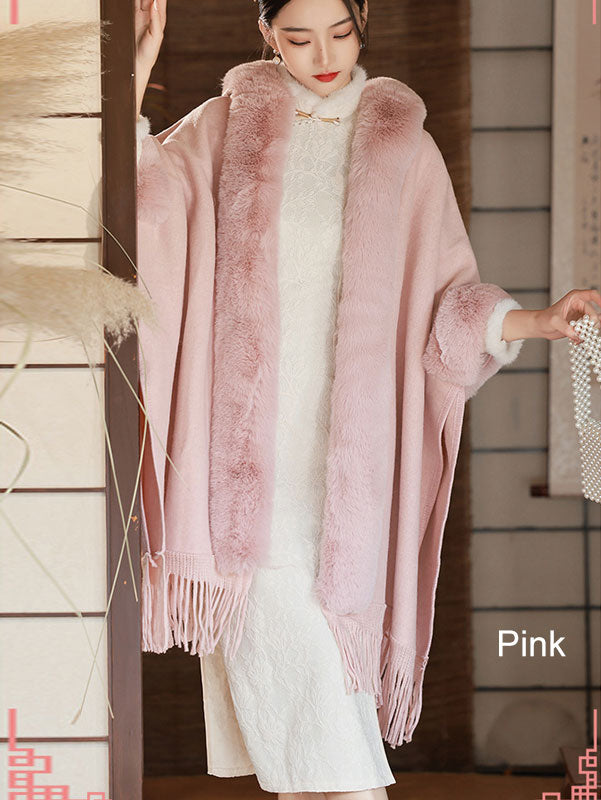 Faux Fur Wool Winter Cheongsam Shawl Wrap with Hood