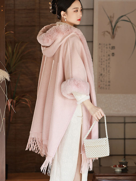 Faux Fur Wool Winter Cheongsam Shawl Wrap with Hood
