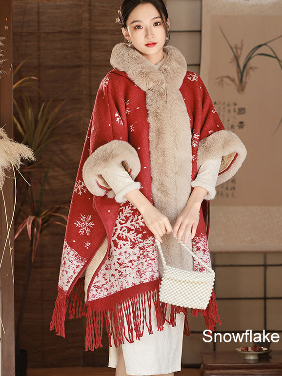 Faux Fur Wool Winter Cheongsam Shawl Wrap with Hood