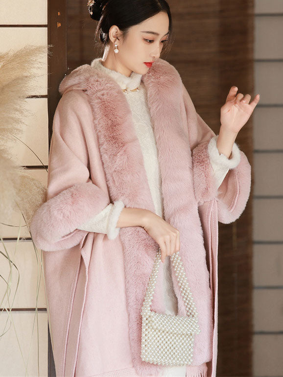 Faux Fur Wool Winter Cheongsam Shawl Wrap with Hood