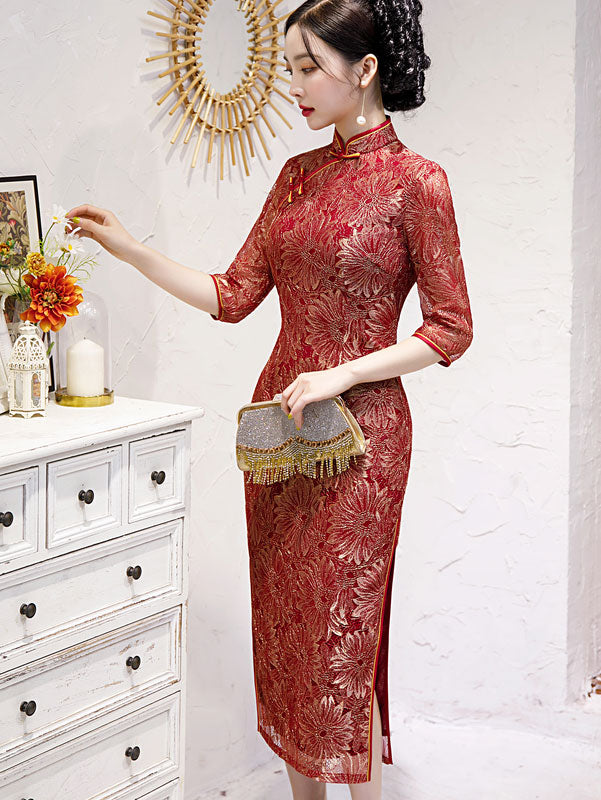 Red Lace Bridal Mothers Wedding Qi Pao Cheongsam Dress