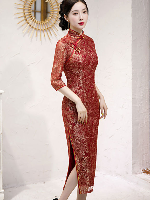 Red Lace Bridal Mothers Wedding Qi Pao Cheongsam Dress