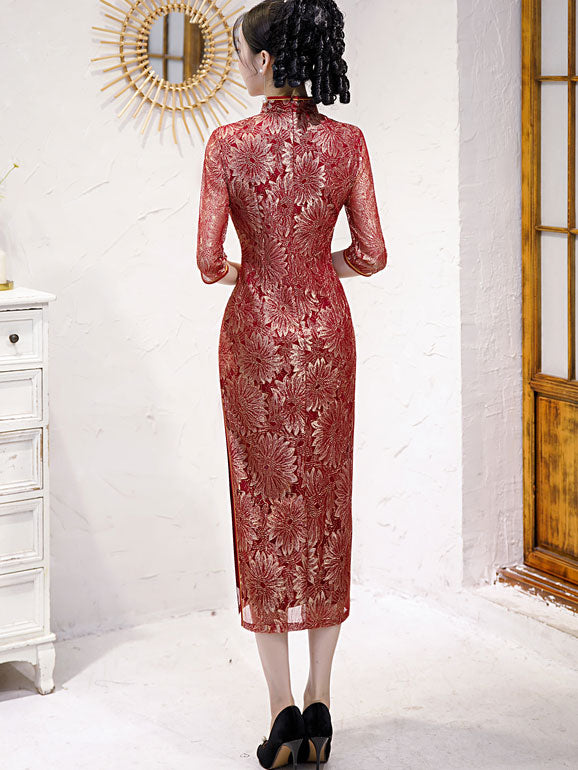 Red Lace Bridal Mothers Wedding Qi Pao Cheongsam Dress