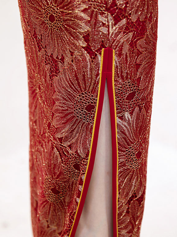 Red Lace Bridal Mothers Wedding Qi Pao Cheongsam Dress