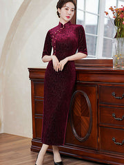 Purple Red Floral Velvet Full Cheongsam Qi Pao Dress