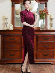 Purple Red Floral Velvet Full Cheongsam Qi Pao Dress