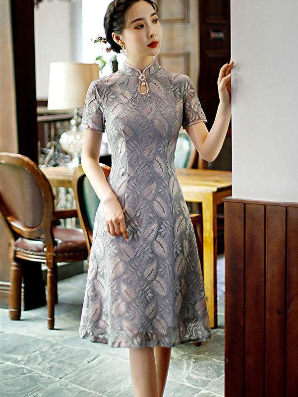 Gray Floral Lace A-Line Cheongsam Qi Pao Dress