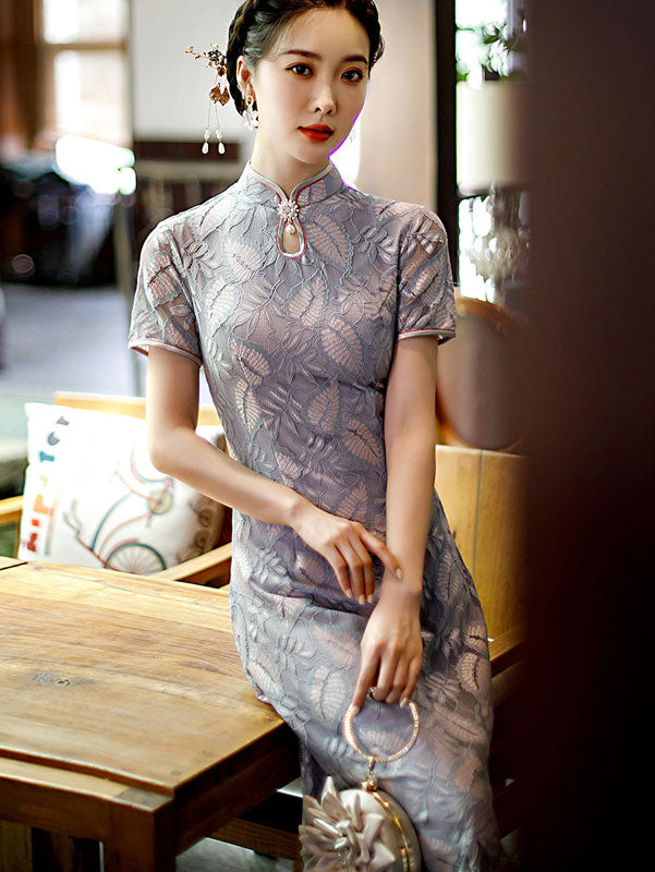 Gray Floral Lace A-Line Cheongsam Qi Pao Dress