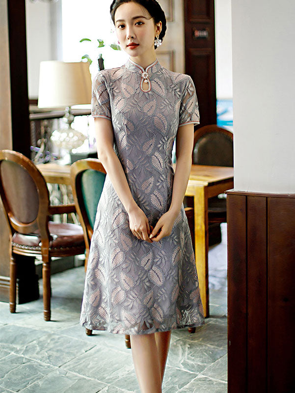 Gray Floral Lace A-Line Cheongsam Qi Pao Dress