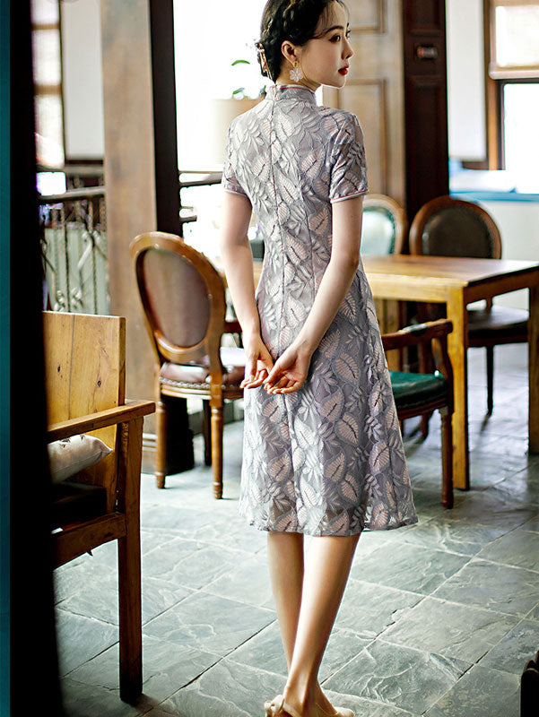 Gray Floral Lace A-Line Cheongsam Qi Pao Dress