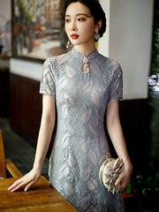 Gray Floral Lace A-Line Cheongsam Qi Pao Dress