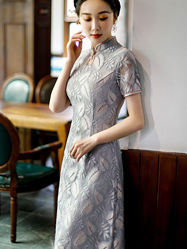 Gray Floral Lace A-Line Cheongsam Qi Pao Dress