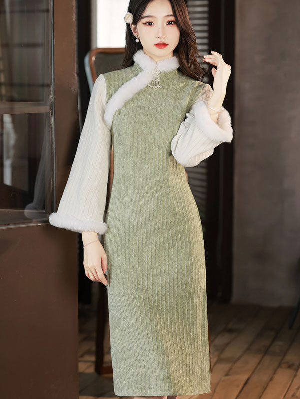 Green Chenille Stripe Winter QiPao Cheongsam Dress