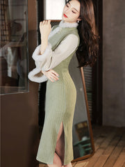 Green Chenille Stripe Winter QiPao Cheongsam Dress