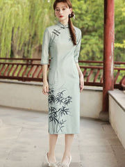 2023 Blue Lace Bamboo Print Winter Cheongsam Qipao Dress