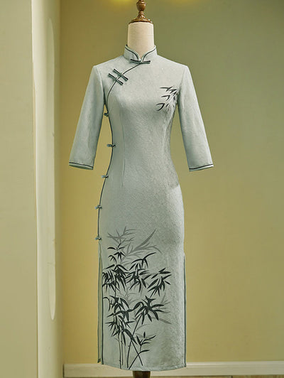 2023 Blue Lace Bamboo Print Winter Cheongsam Qipao Dress