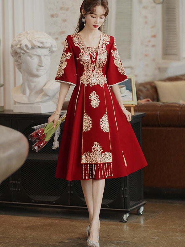 Burgundy Square Neck A-Line Wedding Qipao Cheongsam Wedding Dress
