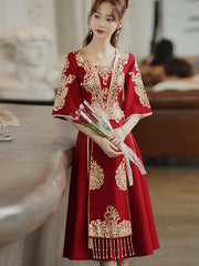 Burgundy Square Neck A-Line Wedding Qipao Cheongsam Wedding Dress