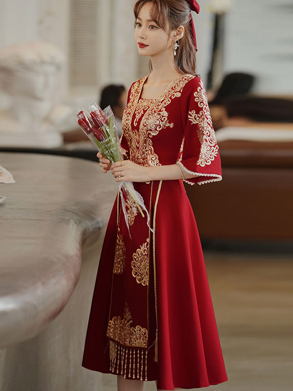 Burgundy Square Neck A-Line Wedding Qipao Cheongsam Wedding Dress
