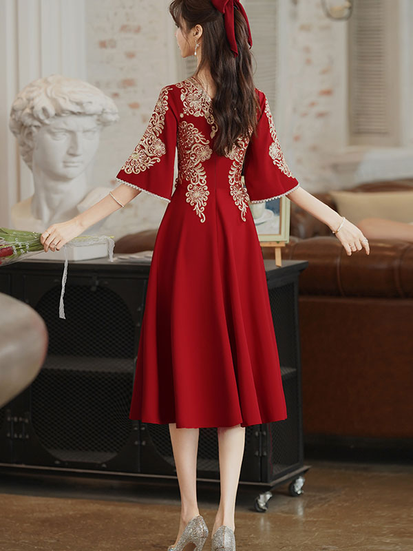 Burgundy Square Neck A-Line Wedding Qipao Cheongsam Wedding Dress