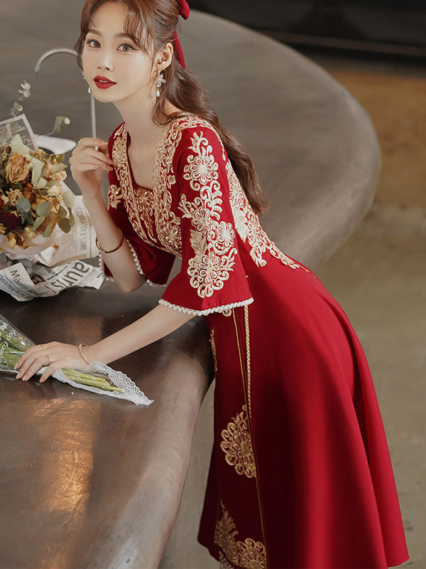 Burgundy Square Neck A-Line Wedding Qipao Cheongsam Wedding Dress