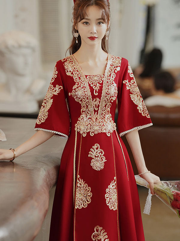 Burgundy Square Neck A-Line Wedding Qipao Cheongsam Wedding Dress