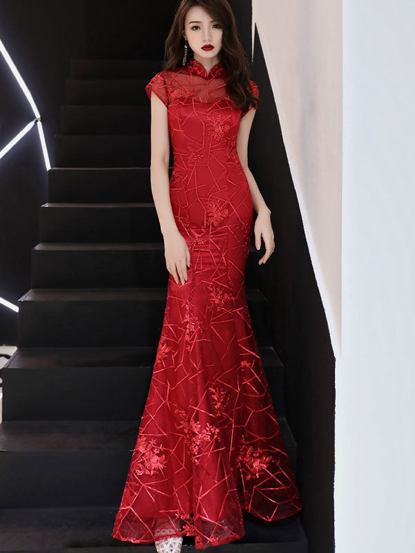 Burgundy Lace Fishtail Wedding Qipao Cheongsam Dress