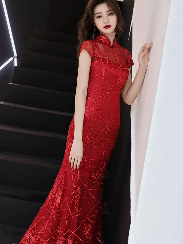 Burgundy Lace Fishtail Wedding Qipao Cheongsam Dress