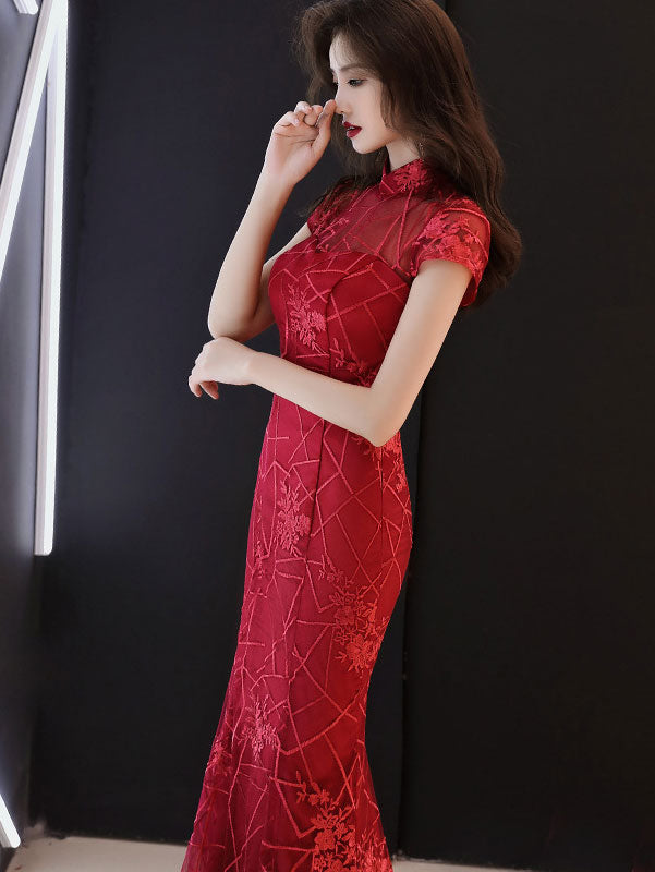 Burgundy Lace Fishtail Wedding Qipao Cheongsam Dress