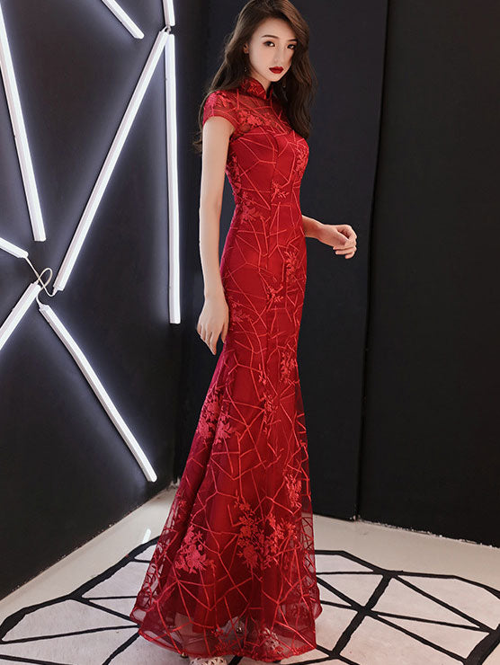 Burgundy Lace Fishtail Wedding Qipao Cheongsam Dress