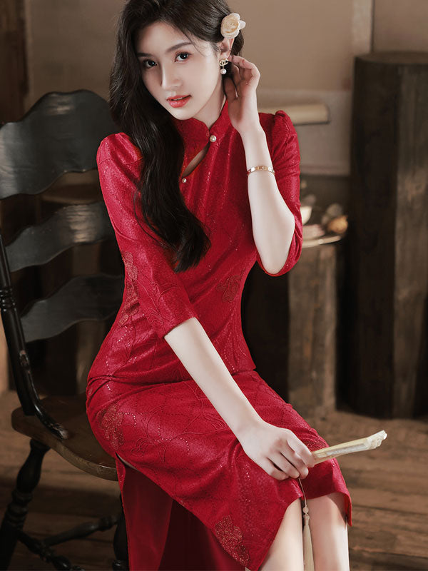 2023 Red Lace Tea Length Bride Cheongsam Qipao Dress