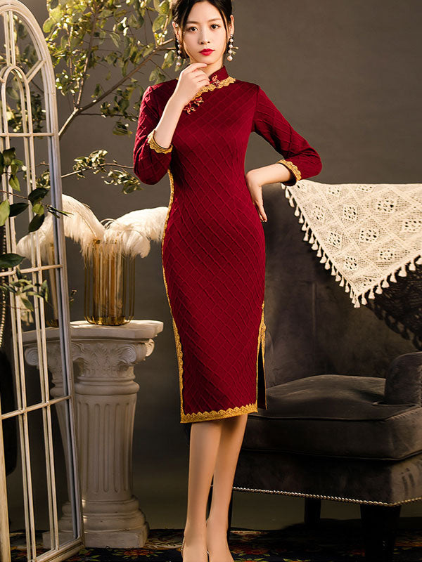 Red Black Knitted Mid Winter Cheongsam Qipao Dress