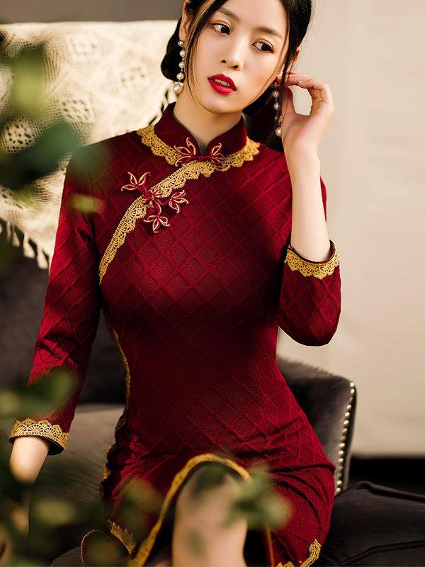 Red Black Knitted Mid Winter Cheongsam Qipao Dress