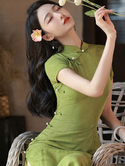 2023 Green Bamboo Mid Modern Cheongsam Qipao Dress