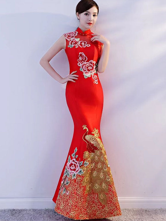 Embroidered Phoenix Fishtail Wedding Cheongsam Qipao Dress