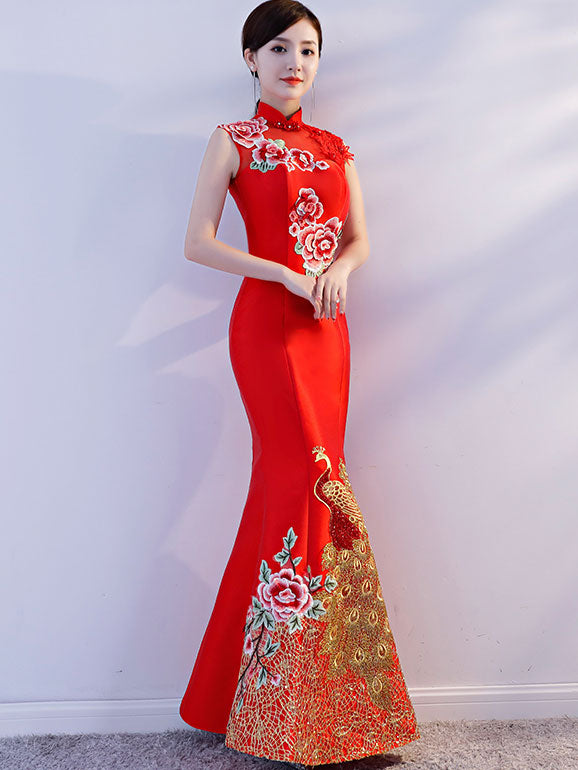 Embroidered Phoenix Fishtail Wedding Cheongsam Qipao Dress