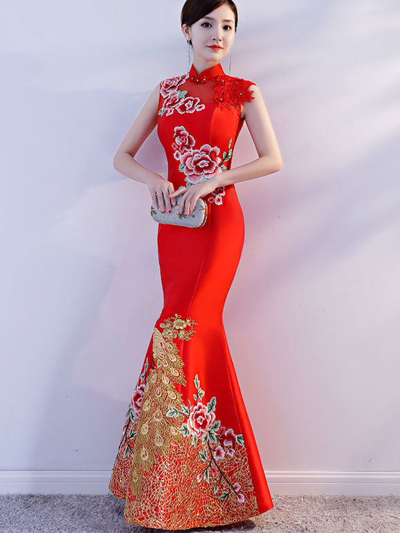 Embroidered Phoenix Fishtail Wedding Cheongsam Qipao Dress