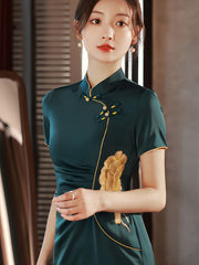 Black Embroidered Thigh Split Cheongsam Qipao Dress