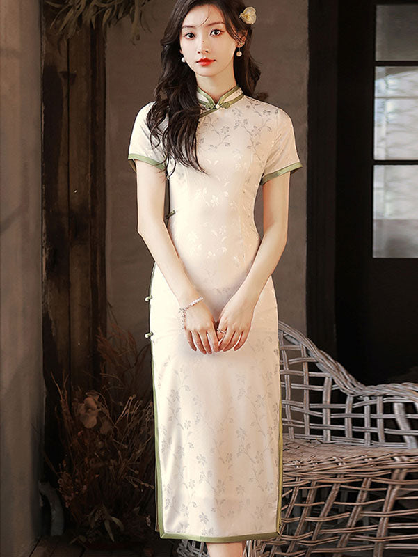 2023 White Green Jacquard Modern Cheongsam Qipao Dress