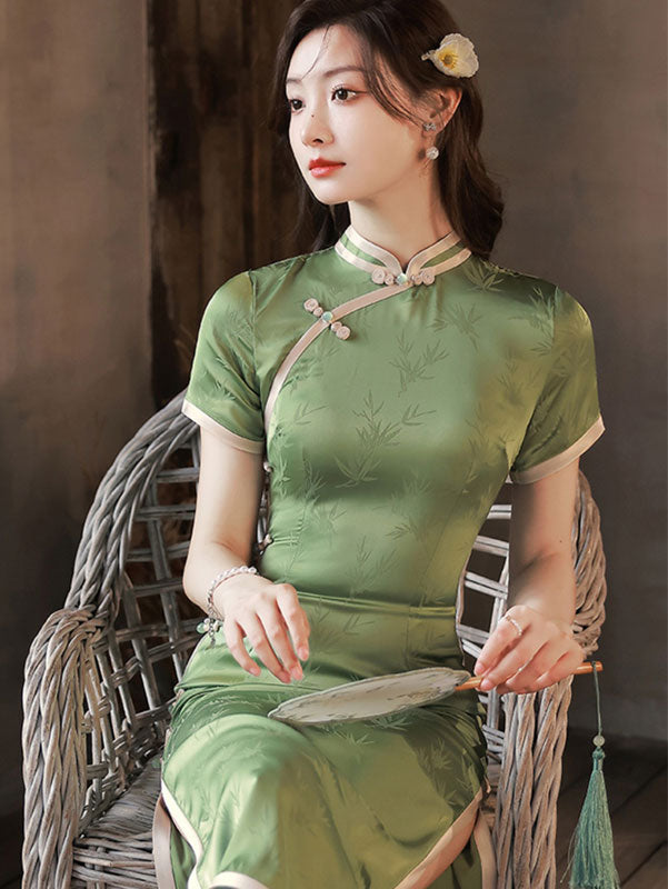 2023 White Green Jacquard Modern Cheongsam Qipao Dress