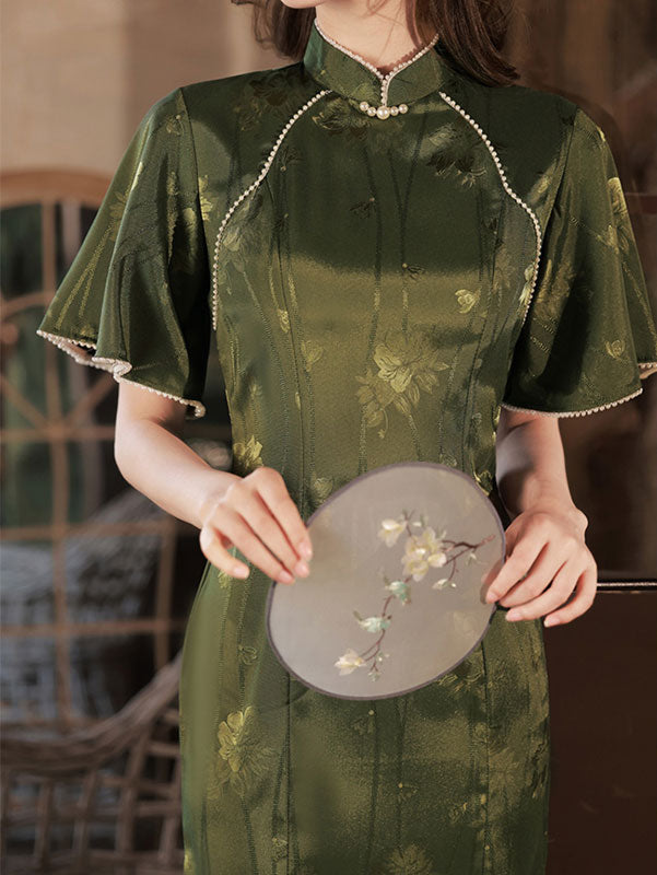Green Floral Flutter Sleeve Mid Cheongsam Qipao Dress