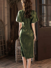 Green Floral Flutter Sleeve Mid Cheongsam Qipao Dress