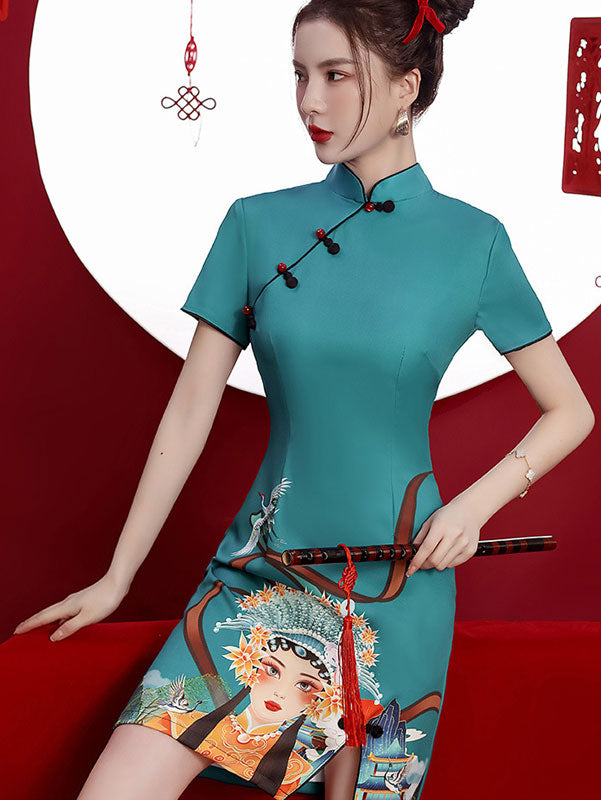 Blue Peking Opera Print Qipao Cheongsam Dress