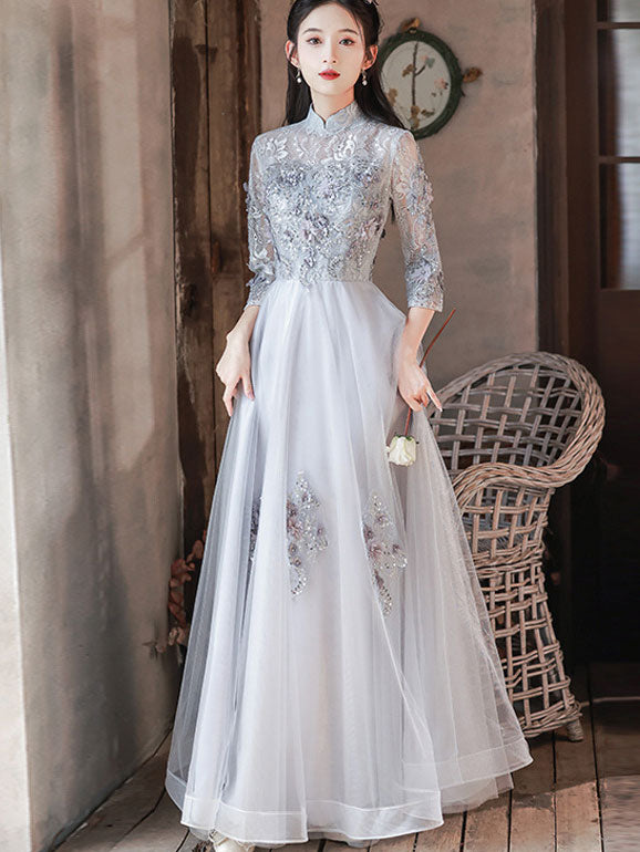 Grey Appliques Tulle Full Cheongsam Qipao Dress