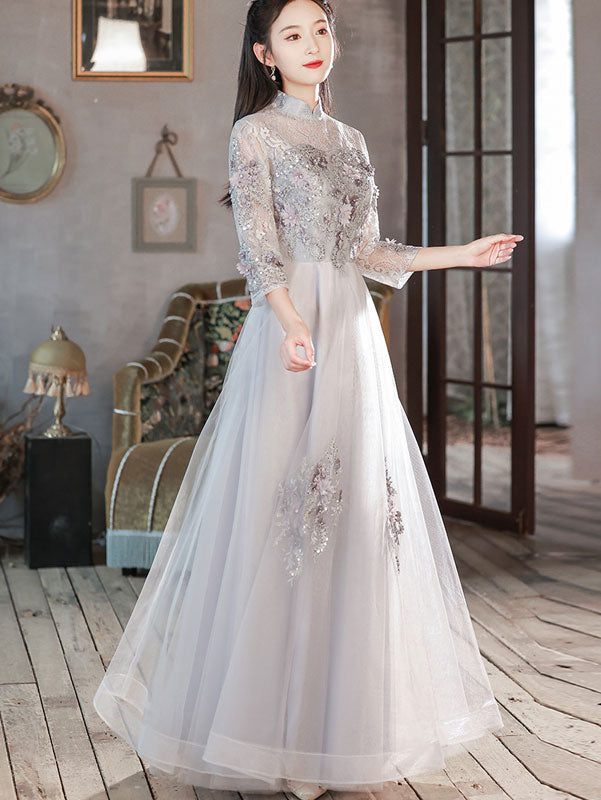 Grey Appliques Tulle Full Cheongsam Qipao Dress