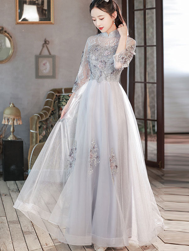 Grey Appliques Tulle Full Cheongsam Qipao Dress