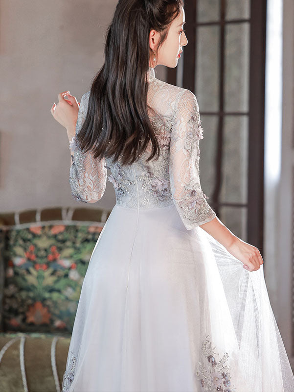 Grey Appliques Tulle Full Cheongsam Qipao Dress