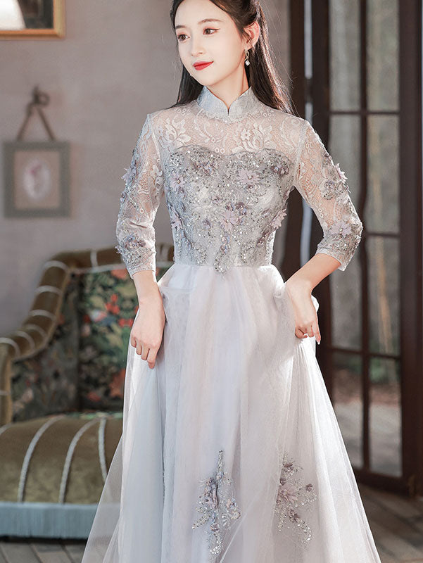 Grey Appliques Tulle Full Cheongsam Qipao Dress