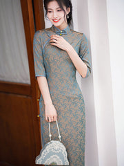 Blue Pink Jacquard Mid Tea Cheongsam Qipao Dress